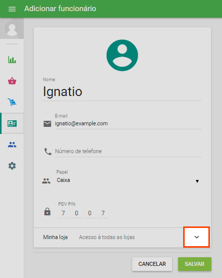 localize a linha 'Lojas' e clique na seta para baixo