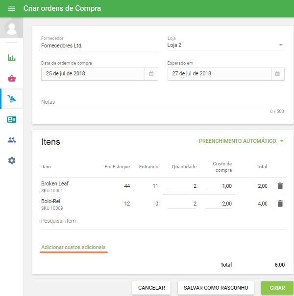 Clique em 'Adicionar custos adicionais' na parte inferior da ordem de compra
