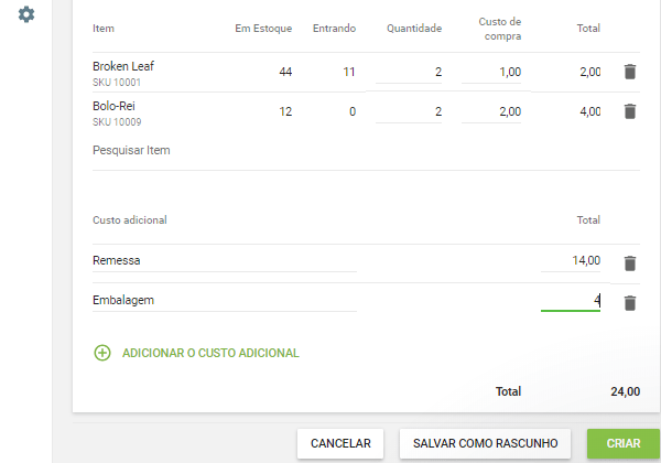 Clique no botão '+ Adicionar custo adicional' para adicionar uma nova linha para custos adicionais