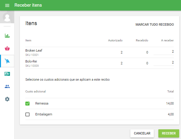 adicionais serão incluidos no custo dos itens recebidos
