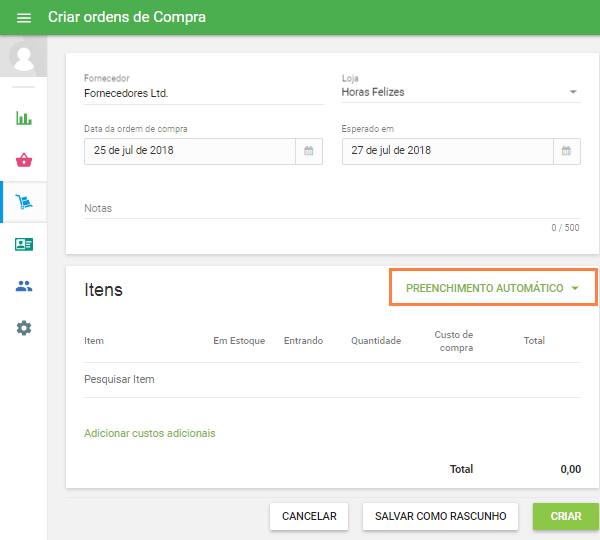 Abra para editar o pedido de compra existente ou criar um novo