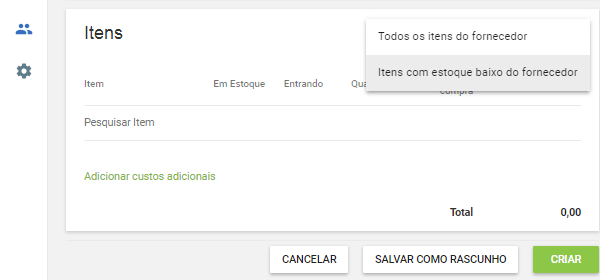 entre 'Todos os itens do fornecedor' ou 'Itens com estoque baixo do fornecedor'