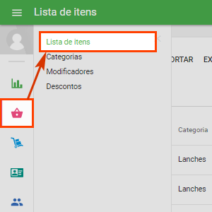 menu 'Lista de Itens'