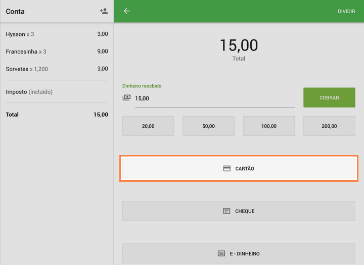 cobrança no Loyverse POS tocando no botão "Cobrar"