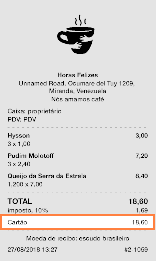 informações sobre pagamento e tipo de cartão serão mostradas o recibo