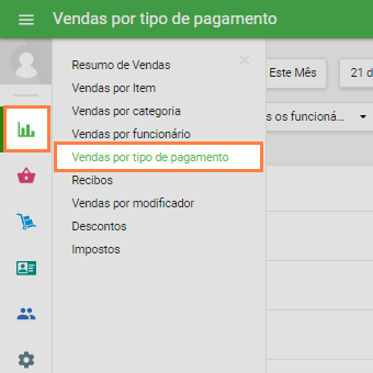 área administrativa no menu 'Vendas por tipo de pagamento'