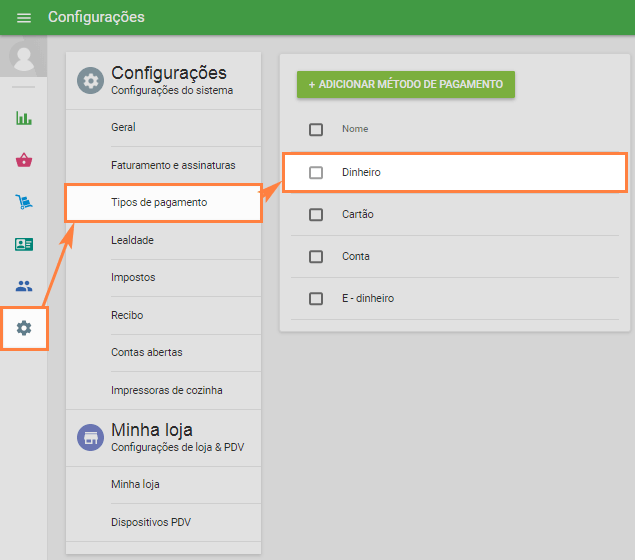 clique no menu Configurações e depois em Tipos de pagamento