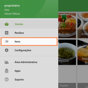 seção 'Itens' no menu do aplicativo
