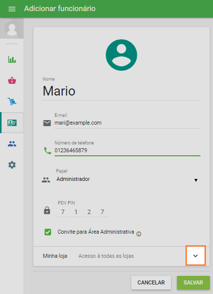 linha 'Lojas' e clique na seta para baixo