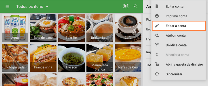 tocando no botão 'Editar pedido' no menu