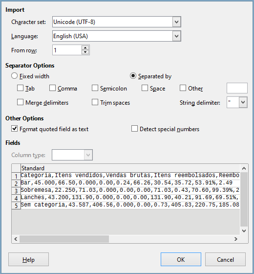 Importação de texto