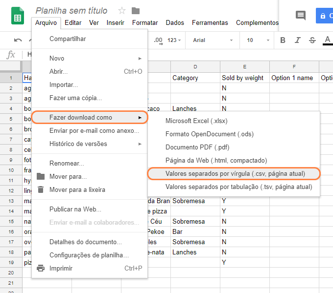 Valores separados por vírgula