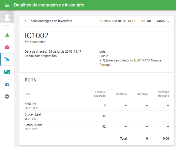 Clique no botão 'Salvar' para criar um documento de contagem de inventário