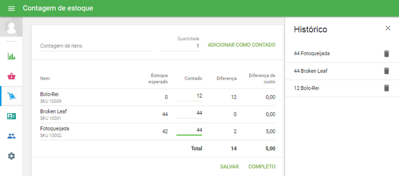 Clicando no botão 'Contagem de estoque'
