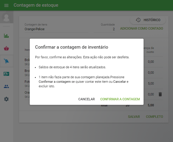 Clique em "Confirmar contagem" para concluir a contagem