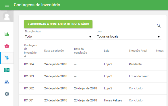 de inventário pode ter 3 diferentes status