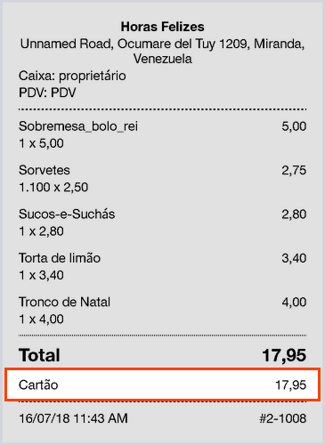 informações sobre o tipo de pagamento serão mostradas o recibo