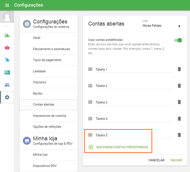 clicando no botão 'Adicionar pedido predefinido' e denomine, por exemplo, Mesa 1, Mesa 2 e etc