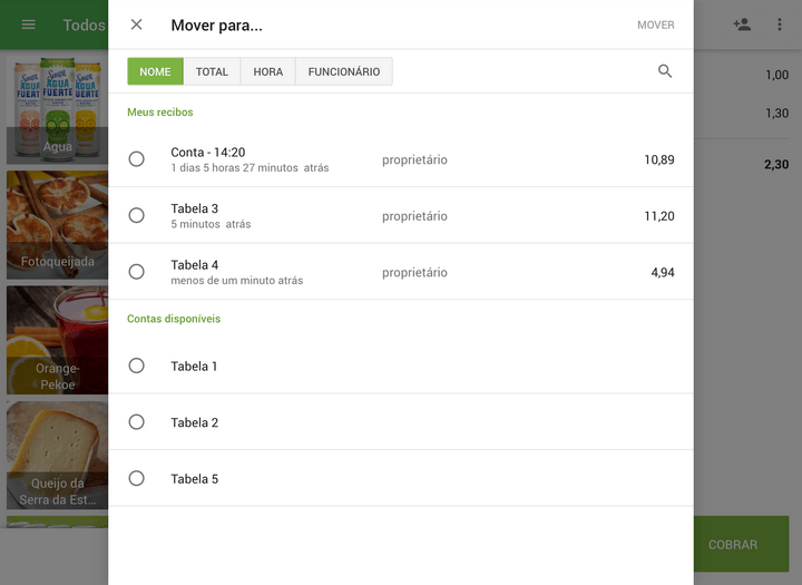 pedidos predefinidos têm a opção "Mover pedidos"