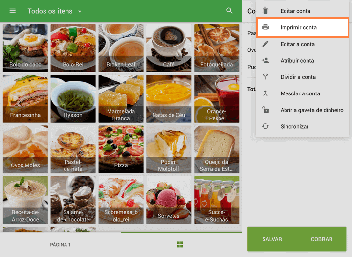 selecione o botão "Imprimir Conta" no menu suspenso