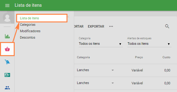 menu 'Lista de Item' na Área administrativa