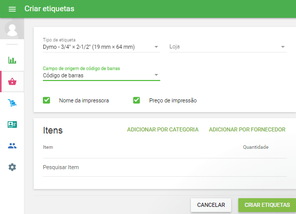 formulário 'Imprimir etiquetas' será aberto para edição