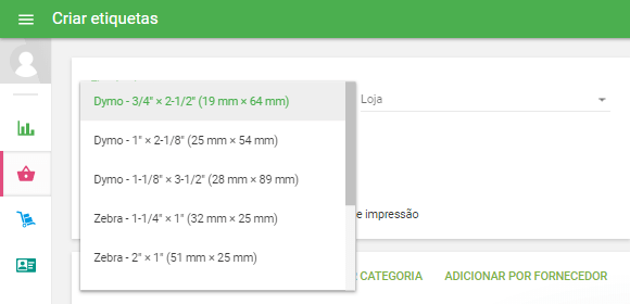 Selecione um 'Tipo de etiqueta'