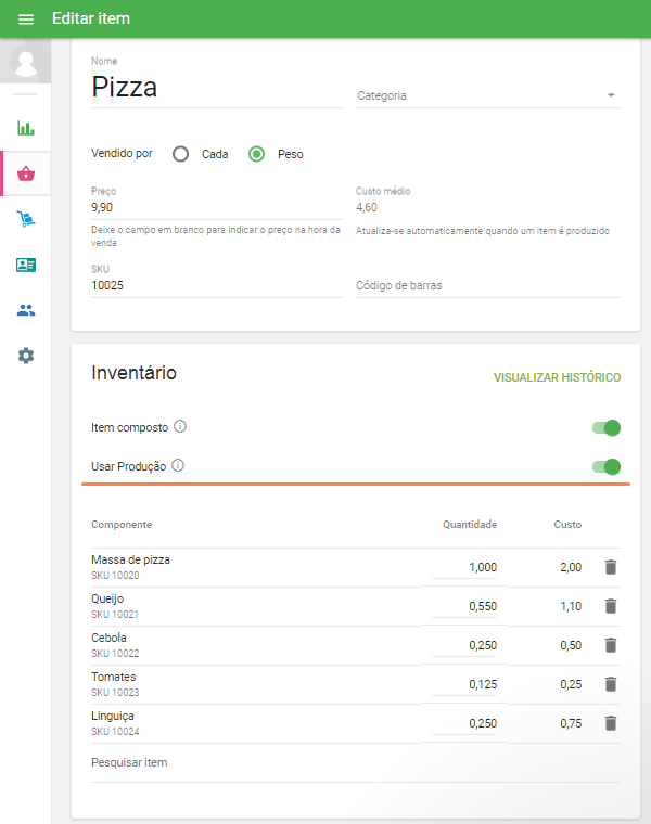 Ligue a opção 'Usar produção' na seção de inventário