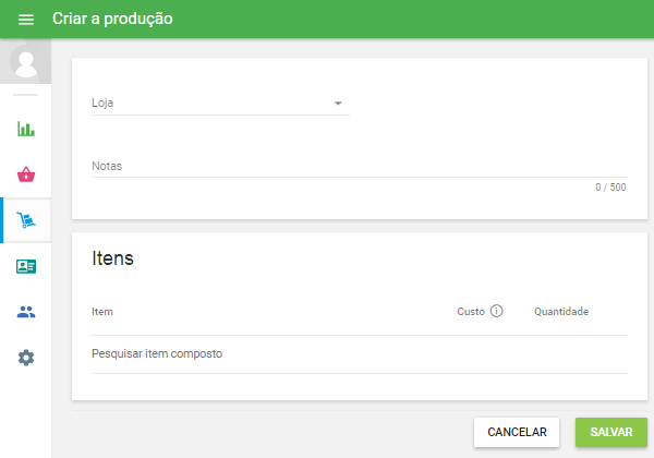 O formulário 'Criar produção' será aberto para edição