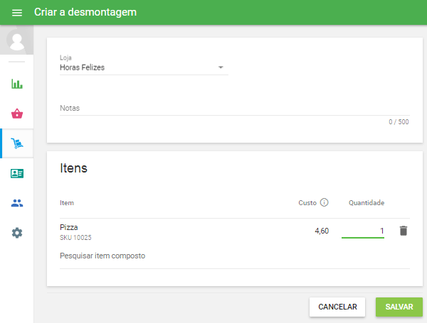 Preencha o formulário "Criar desmontagem" de maneira semelhante à "Criar produção"