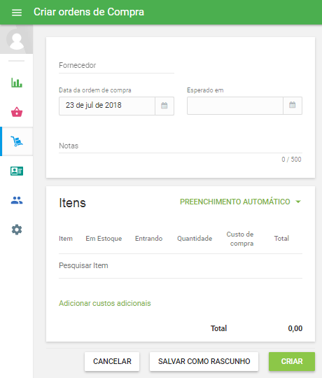 O formulário 'Criar ordem de compra' será aberto para edição