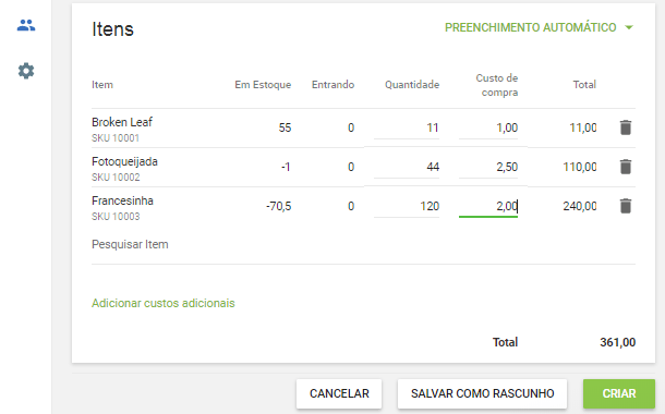 Clique no botão 'Criar' para realizar uma ordem de compra