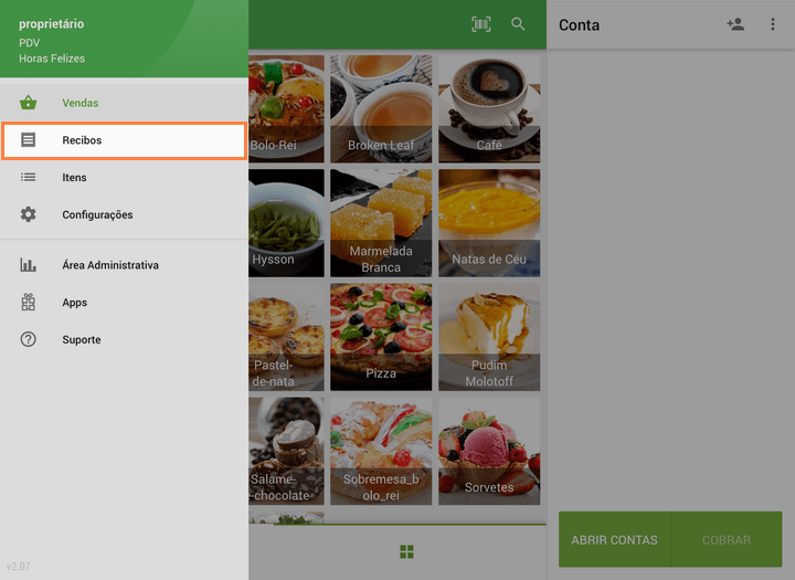 recibos tocando no botão "Recibos" no menu do PDV