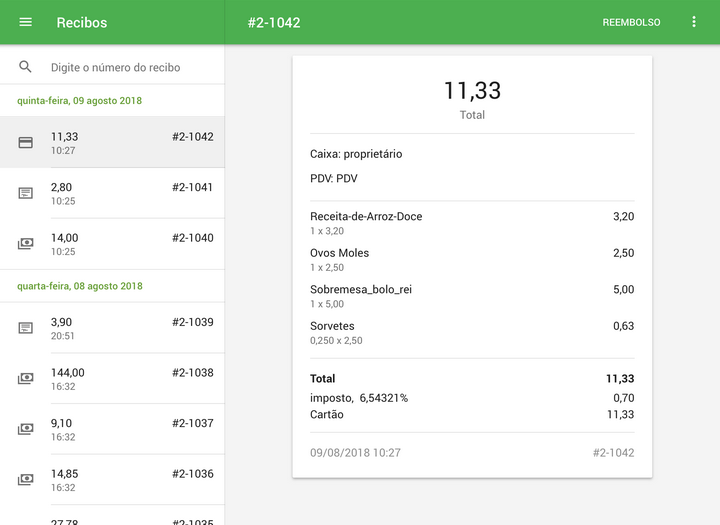 Toque no recibo da lista para ver seus detalhes