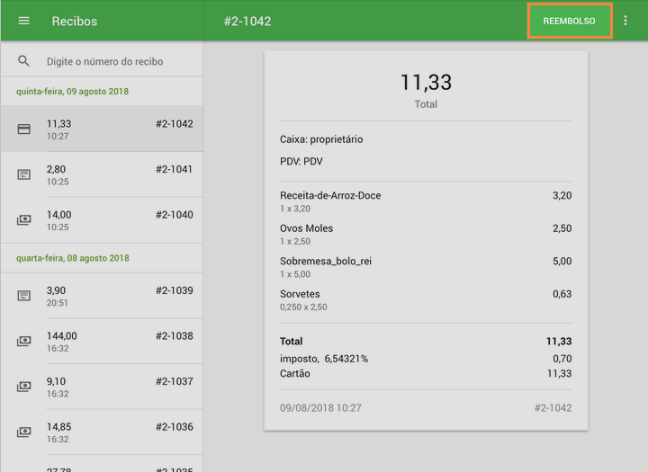 toque no botão de 'Reembolso'