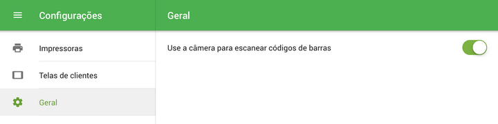 opção 'Use a câmera para escanear códigos de barras' em cofigurações gerais do aplicativo Loyverse POS