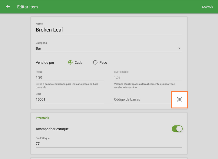 menu 'Itens' do Loyverse POS,