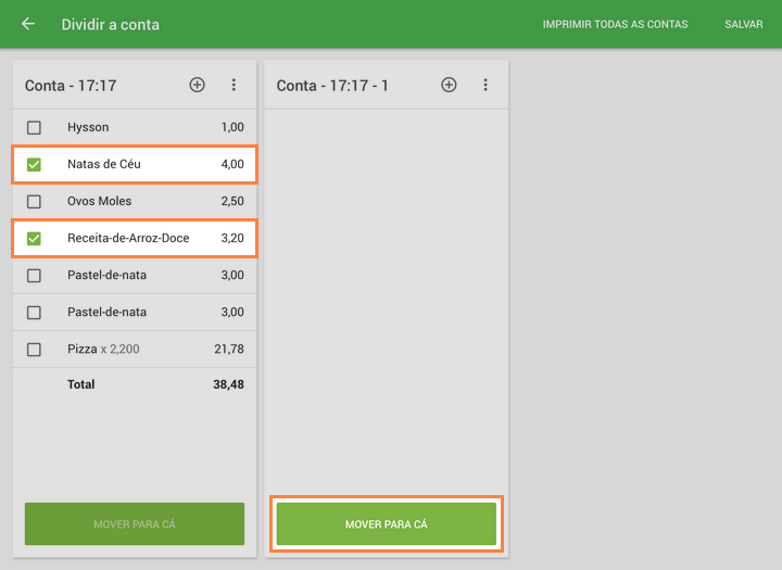 selecionar os itens que você deseja mover e clique no botão "Mover aqui" no novo pedido
