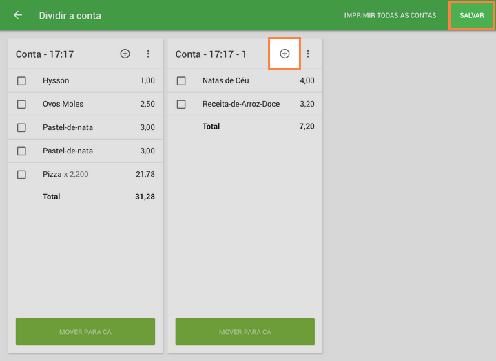 Pressione o botão "Salvar" para salvar seus pedidos