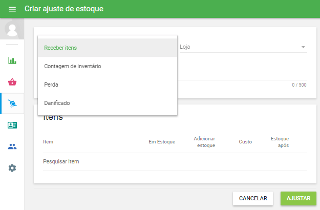 selecione o motivo do ajuste e escolha a loja