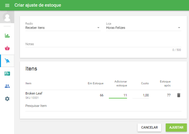 campos "Adicionar estoque" e "Custo" para cada item