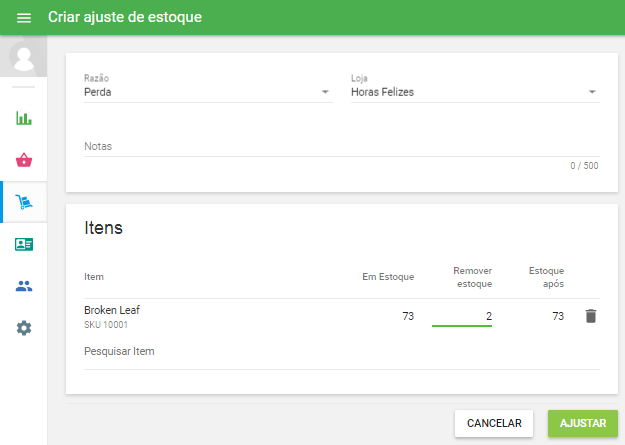 campo "Remover estoque" de cada item