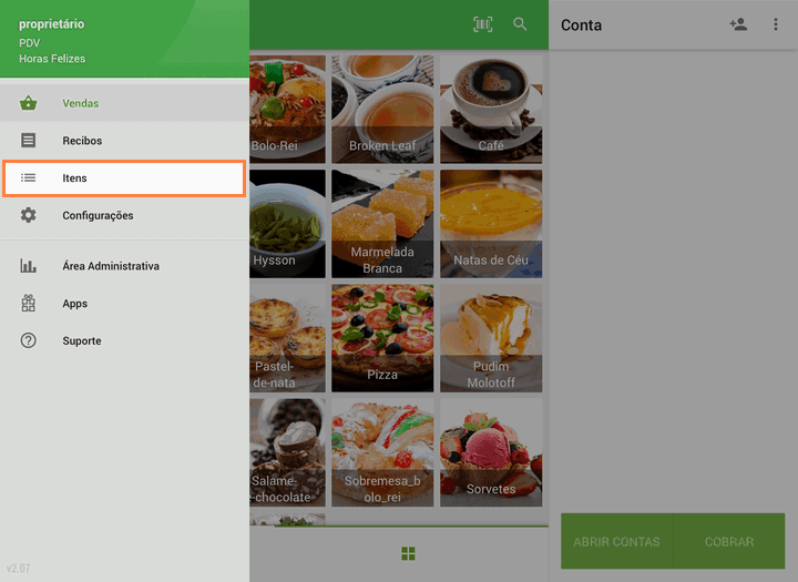 Vá para a seção de 'Ítens' do menu