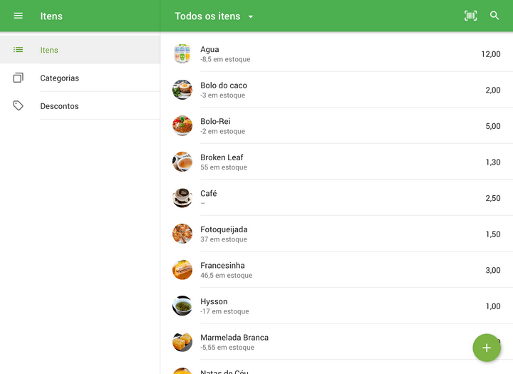 itens com a quantidade atual de estoque abaixo do nome de cada item