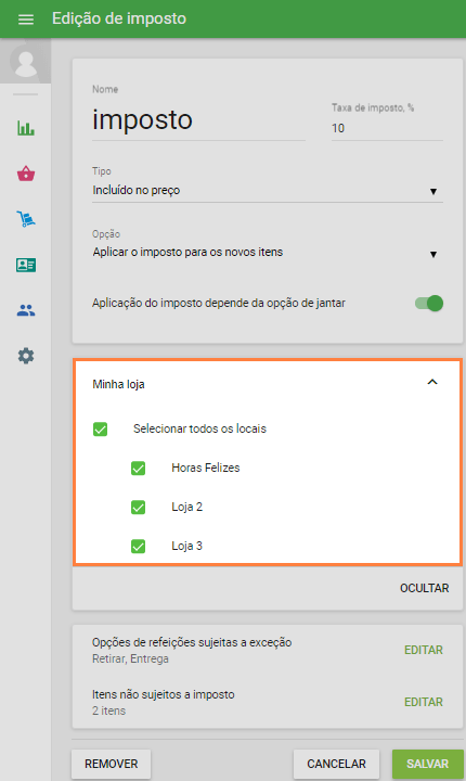 disponibilidade do imposto para cada loja