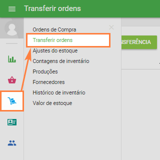 seção de 'Transferência de Pedidos' no menu 'Gestão de inventário'