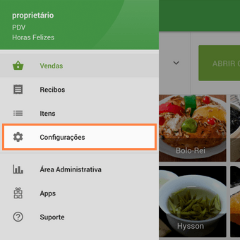 menu de configurações 