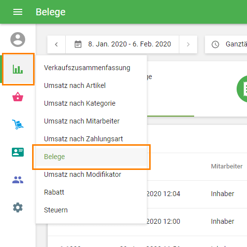 the ‘Receipts’ section in the ‘Reports’ menu.