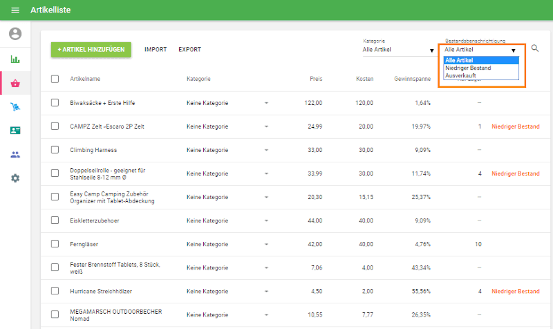 Notification about low stock