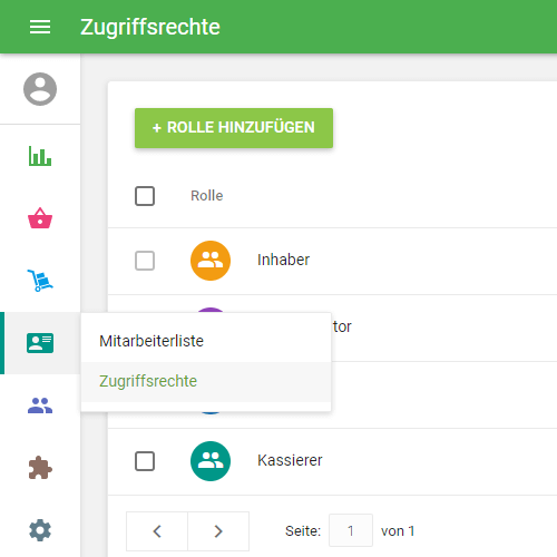 'Zugriffsrechte' im Mitarbeitermenü